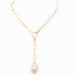 Gold Paperclip chain with drop Baroque Pearl Necklace